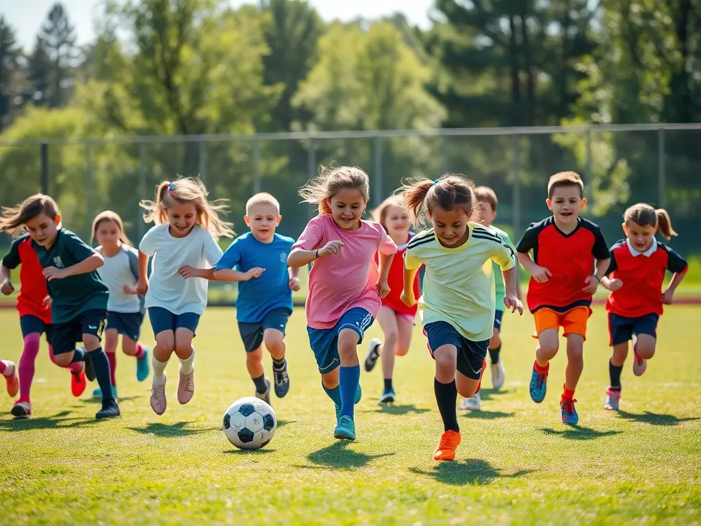 A dynamic image of young football players in U7 age group participating in a training session, focusing on basic ball control and teamwork drills, set against a backdrop of a sunny football field.