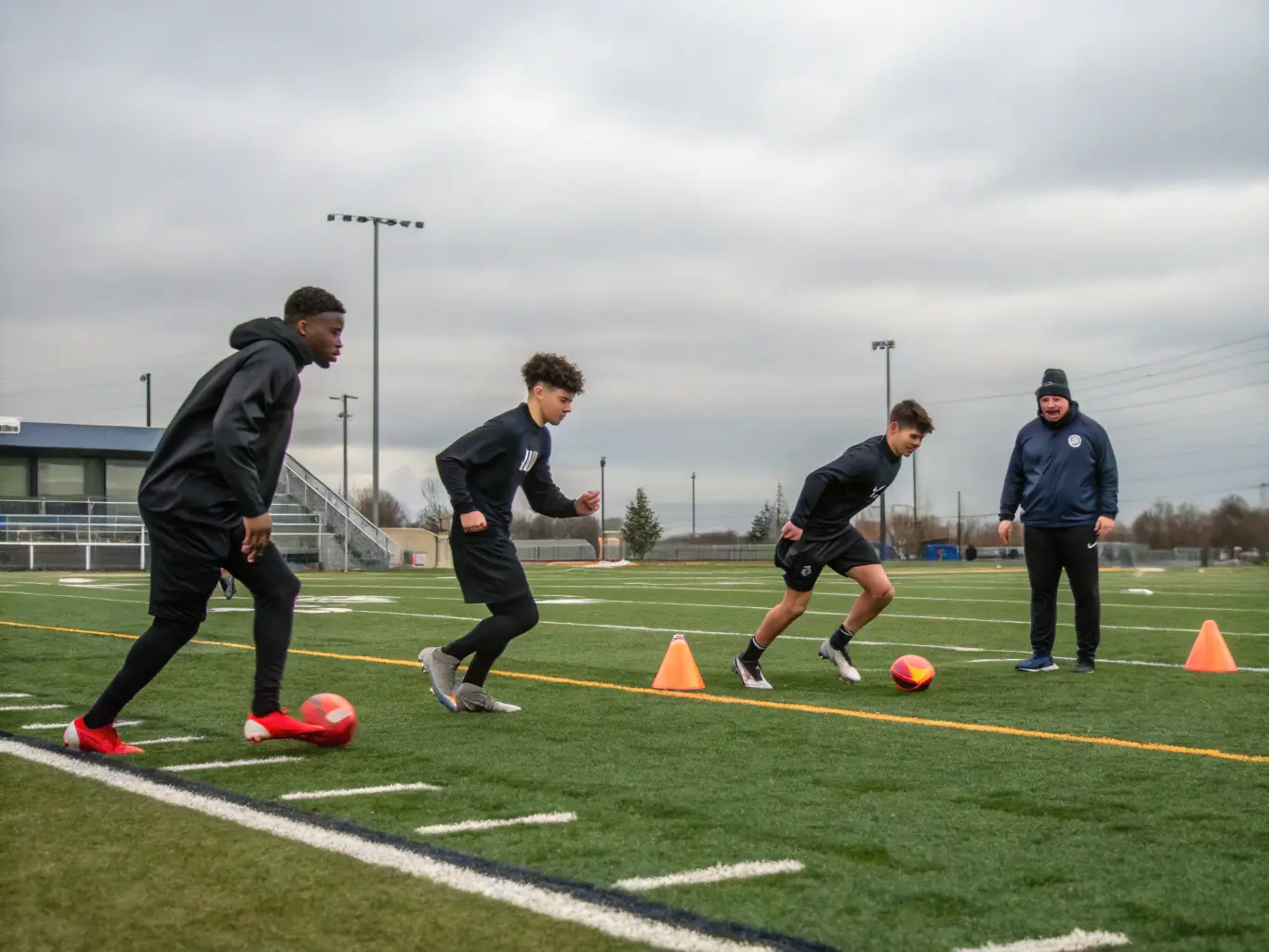 A focused image of U17-U19 football players engaged in a high-intensity training session, emphasizing physical conditioning, advanced tactical drills, and strategic game planning.
