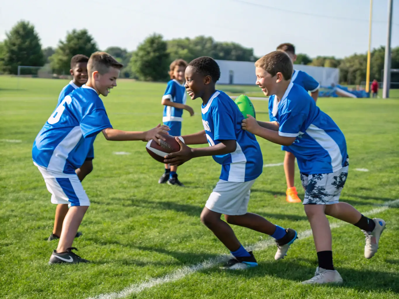 An action shot of U13 football players during a competitive match, showcasing their tactical skills and teamwork, with coaches providing guidance from the sidelines.