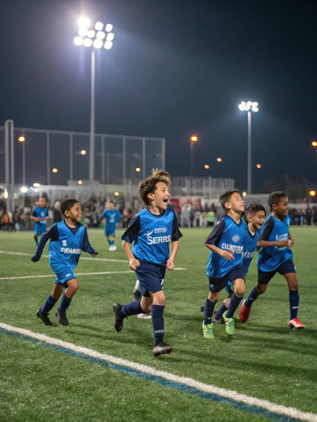 An action shot of U11 players in a friendly match, showcasing teamwork and developing tactical awareness.